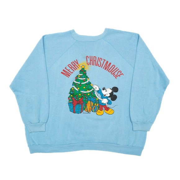 Tops - 80's Walt Disney Company Mickey Mouse "Merry Christmouse" Christmas Sweater Blue